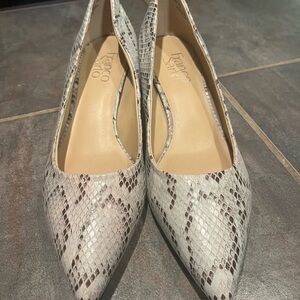 Franco Sarto Pointed Toe Snake-Print Flats in Beige and Brown